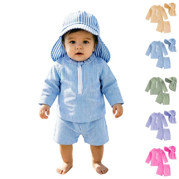 XINXIAOO Baby Girls Boys Long Sleeve Rash Guard 3 Piece Swimsuit Stripe With Hat Quick Dry UPF 50+ Bathing Suit Beach Swimwear 0-6 Months