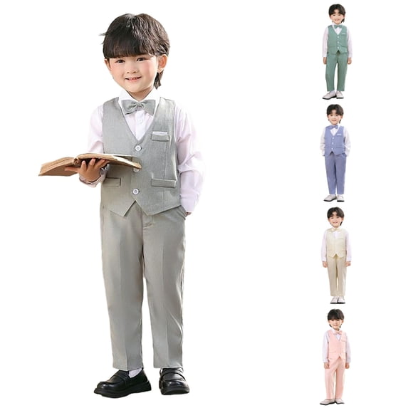 XINXIAOO Boys 3-Piece Vest Suit Set Tuxedo Formal Outfit for Kids Wedding Party with Pants and Bow Tie Slim Fit 11-12 Years
