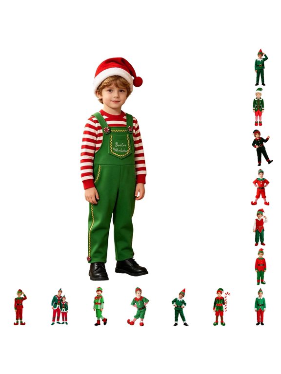 Boys Christmas Elf Outfit Long Sleeve Striped Top and Suspender Overalls with Christmas Hat Kids Girl Christmas Outfit 4-5 Years