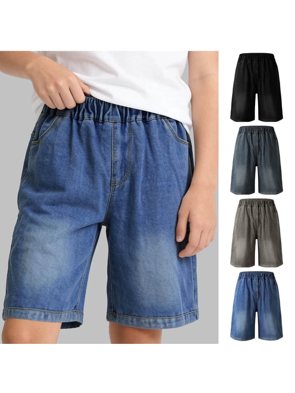 Boys Denim Shorts Casual Mid Elastic Waist Summer Outdoor Casual Jeans Shorts with Pockets Y2K Straight Leg Loose Jorts 7-8 Years