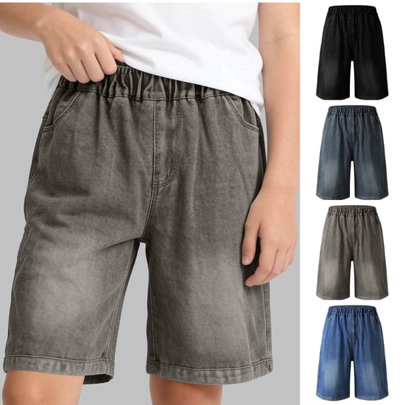 XINXIAOO Boys Denim Shorts Casual Mid Elastic Waist Summer Outdoor Casual Jeans Shorts with Pockets Y2K Straight Leg Loose Jorts 9-10 Years