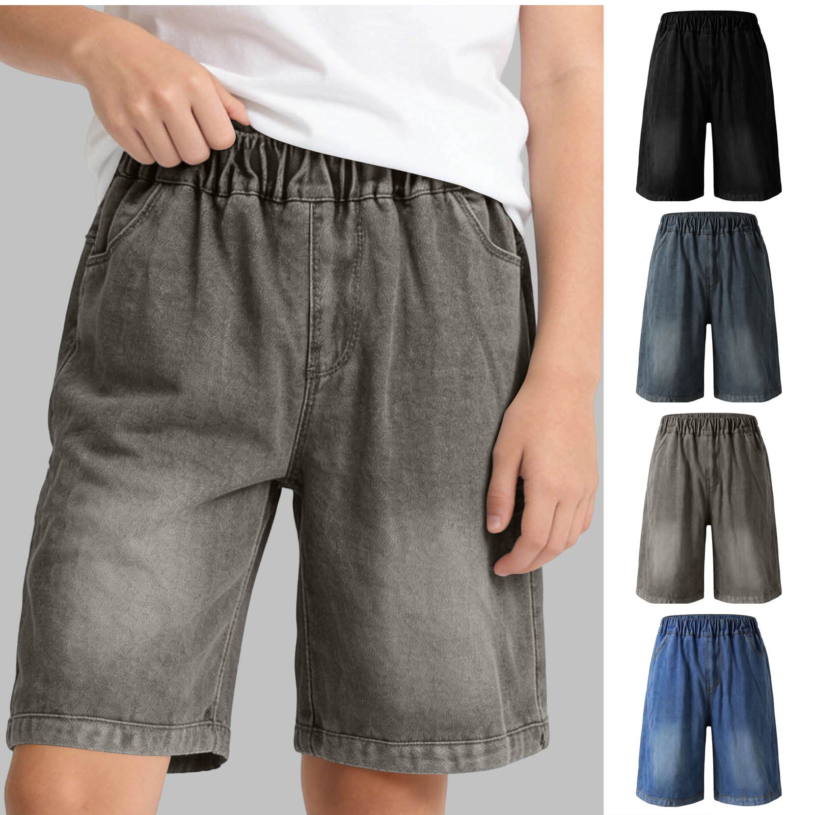 XINXIAOO Boys Denim Shorts Casual Mid Elastic Waist Summer Outdoor Casual Jeans Shorts with Pockets Y2K Straight Leg Loose Jorts 9-10 Years