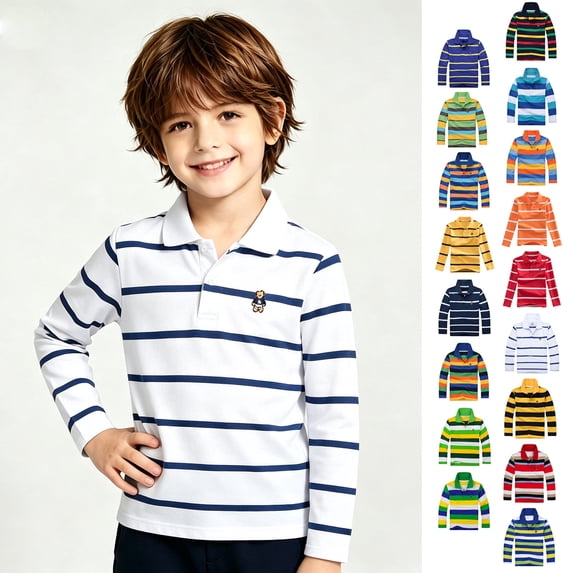 XINXIAOO Boys Long Sleeve Striped Polo Shirt Button Collared Shirt for Tennis Sports Boys Uniform Shirts Kids 8-9 Years Boy Shirts