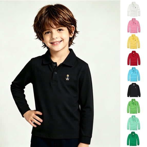 XINXIAOO Boys Polo Shirts Long Sleeve Shirts for Boys Tennis Golf Polos Girl School Uniform Shirt Kids Boys Size 10-11 Years Black Shirt