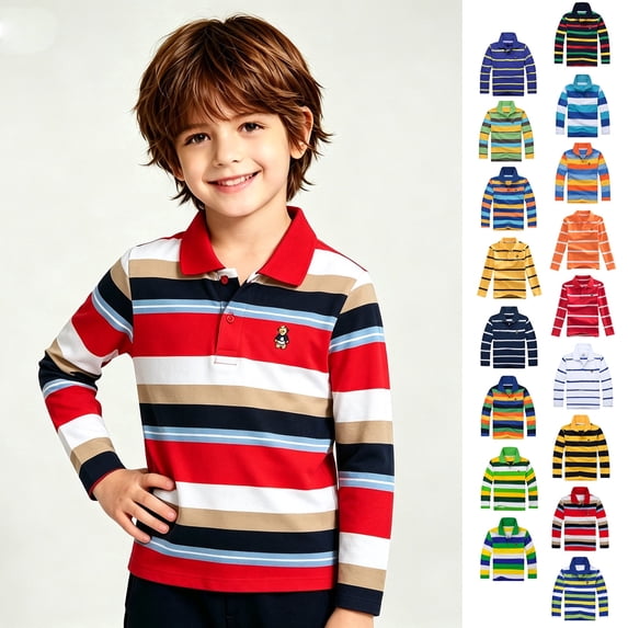 XINXIAOO Boys Polo Shirts Long Sleeve Striped Shirts for Boys Button Collared Shirt for School Uniform Shirts Tennis Shirts Kids Boys Shirts Size 6-7 Years