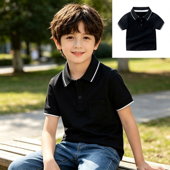 XINXIAOO Boys and Toddlers' Short-Sleeve Black Active Performance Polo Shirts for School Uniform Kids Collared Golf Shirt 12-13 Years