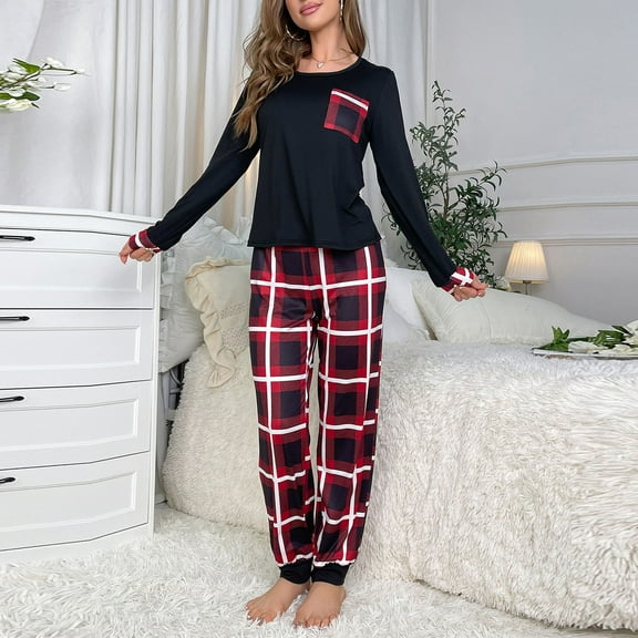 XINXIAOO Cozy Women's Two Piece Pajama Set With Long Sleeve Top And Checkered Pants Soft Housewear With Pockets For Autumn And Winter Silk Pajamas for Women Shorts Set Teenager Pajamas Women Pajamas