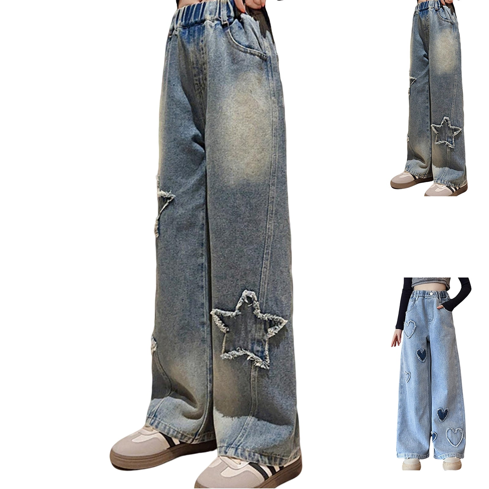 XINXIAOO Girl's Baggy Jeans Wide Straight Leg High Elastic Waisted