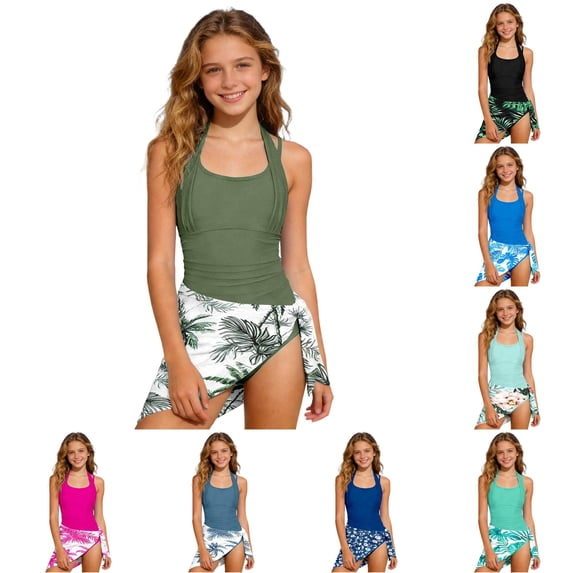XINXIAOO Girls 1 Piece Swimsuit Set with Printed Wrap Cover Up Skirt Soft Packable UPF 50 Sun Protection Stretch Bathing Suit Summer Beach Pool Vacation Wear 9-10 Years