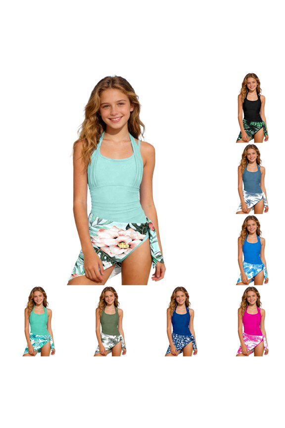 Girls 1 Piece Swimsuit Set with Printed Wrap Cover Up Skirt Soft Packable UPF 50 Sun Protection Stretch Bathing Suit Summer Beach Pool Vacation Wear 11-12 Years