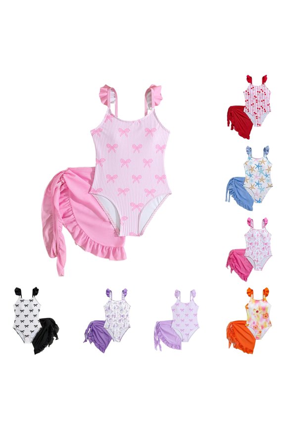 Girls 1 Piece Swimsuit with Wrap Cover Skirt Ruffled Shoulder Straps Soft Stretch Slim Fit Kids Bathing Suit Summer Beach Pool Outfit 8-9 Years