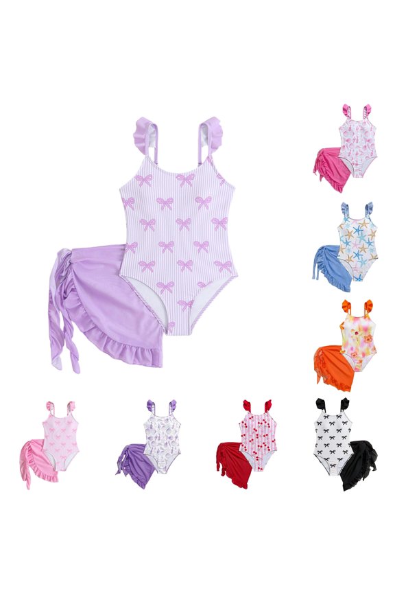 Girls 1 Piece Swimsuit with Wrap Cover Skirt Ruffled Shoulder Straps Soft Stretch Slim Fit Kids Bathing Suit Summer Beach Pool Outfit 8-9 Years