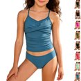 thumbnail image 1 of Bigetiay Girls 2 Piece Swimsuit Fashion Ruched Cross-Front Tankini Set Girls Bathing Suit 10-11 Years, 1 of 5