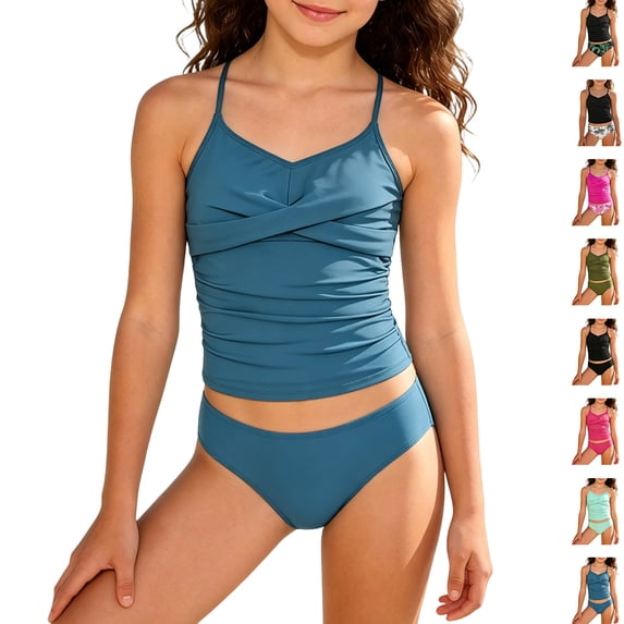 Bigetiay Girls 2 Piece Swimsuit Fashion Ruched Cross-Front Tankini Set Girls Bathing Suit 10-11 Years