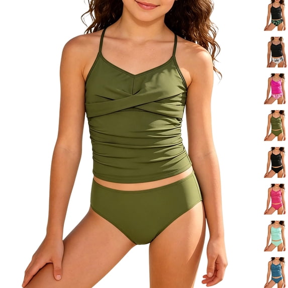 Bigetiay Girls 2 Piece Swimsuit Fashion Ruched Cross-Front Tankini Set Girls Bathing Suit 8-9 Years