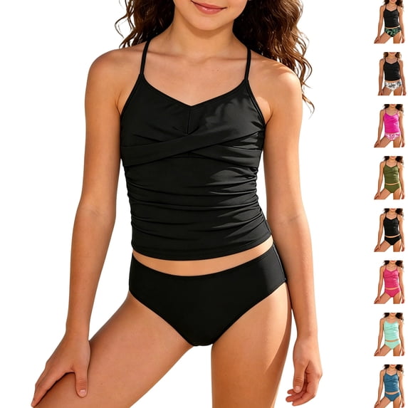 Bigetiay Girls 2 Piece Swimsuit Fashion Ruched Cross-Front Tankini Set Girls Bathing Suit 9-10 Years