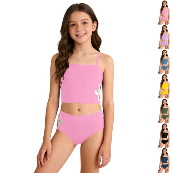 Bigetiay Girls 2 Piece Swimsuit Floral Side Cut out Tankini Set with Adjustable Straps Girls' Swimwear 11-12 Years