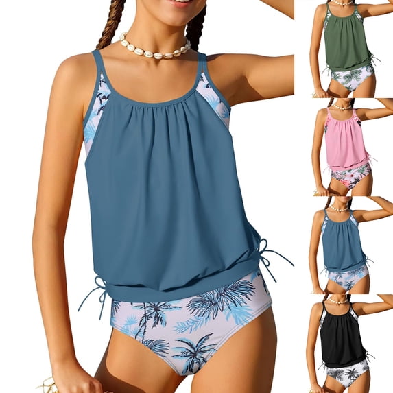 Bigetiay Girls 2 Piece Swimsuit Floral Tropical Print Double Layer Tankini Set Bathing Suit Girls 5-6 Years