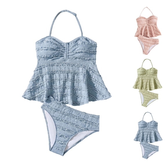 Bigetiay Girls 2 Piece Swimsuits High Elastic Ribbed Halter Neck Tankini Set Bathing Suits for Girls 9-10 Years