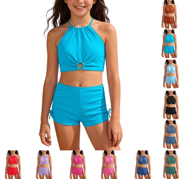 XINXIAOO Girls 2 Piece Swimsuits Ruched Tankini Top with Swim Short Drawstring Kids Bathing Suits, Size 12Y-16Y