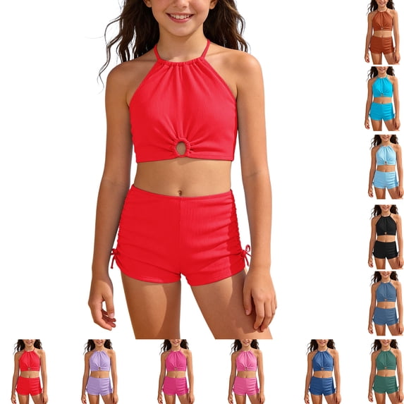 XINXIAOO Girls 2 Piece Swimsuits Ruched Tankini Top with Swim Short Drawstring Kids Bathing Suits, Size 12Y-16Y