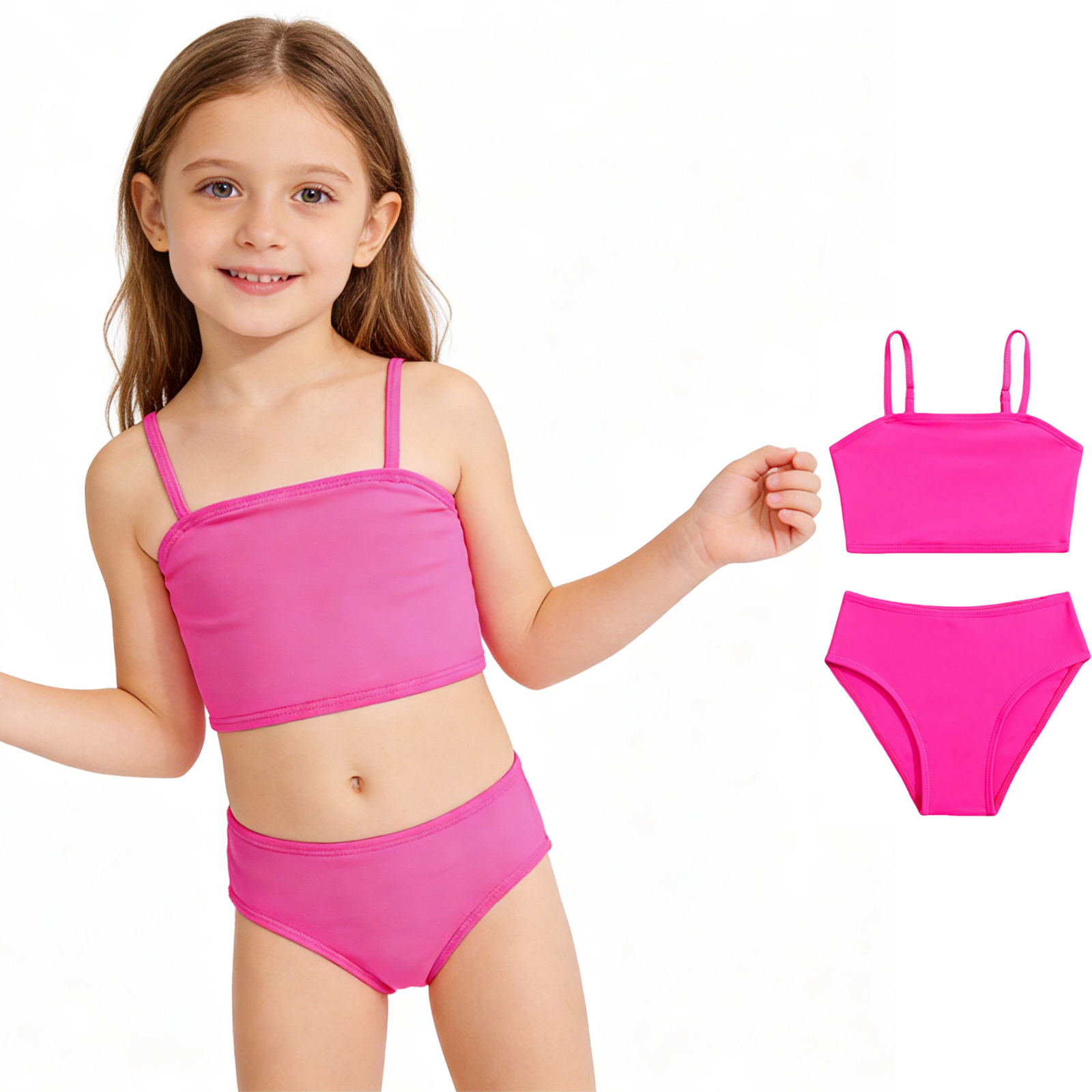 XINXIAOO Girls 2 Piece Tankini Swimsuit with Adjustable Strap Solid Color Cute Swimsuits Bathing Suit Swimwear for Kids Girl Swimsuit 7-8 Years