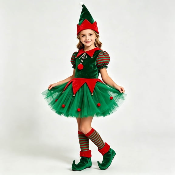 XINXIAOO Girls Christmas Elf Dress with Hat and Socks Christmas Holiday Cosplay Party Outfit, 4-Piece Set