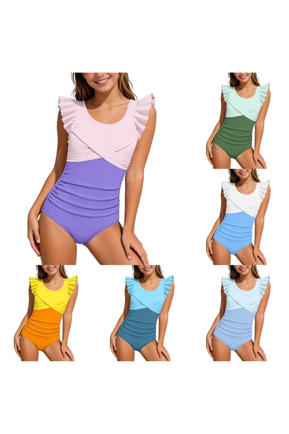 Girls Color Block 1 Piece Swimsuit Ruffled Cap Sleeve Cross Wrap Ruched Waist Summer Beach Pool Bathing Suit 7-8 Years