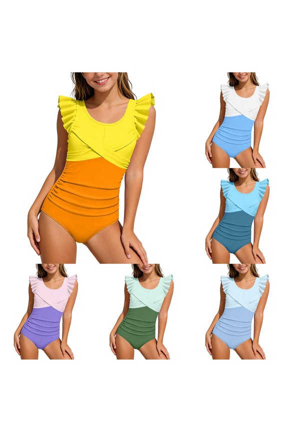 Girls Color Block 1 Piece Swimsuit Ruffled Cap Sleeve Cross Wrap Ruched Waist Summer Beach Pool Bathing Suit 9-10 Years