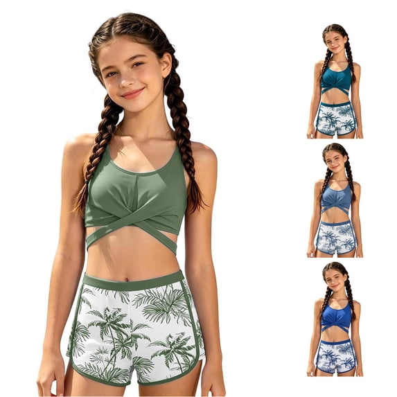 XINXIAOO Girls Cross Back Three Piece Swimsuit Leaf Print Boy Short Solid Quick Dry Bathing Suit Summer Vacation Swimwear for Girls 11-12 Years