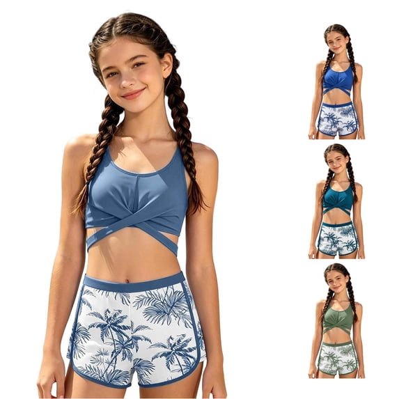 XINXIAOO Girls Cross Back Three Piece Swimsuit Leaf Print Boy Short Solid Quick Dry Bathing Suit Summer Vacation Swimwear for Girls 15-16 Years