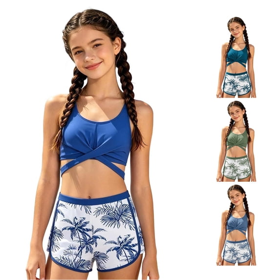 XINXIAOO Girls Cross Back Three Piece Swimsuit Leaf Print Boy Short Solid Quick Dry Bathing Suit Summer Vacation Swimwear for Girls 9-10 Years