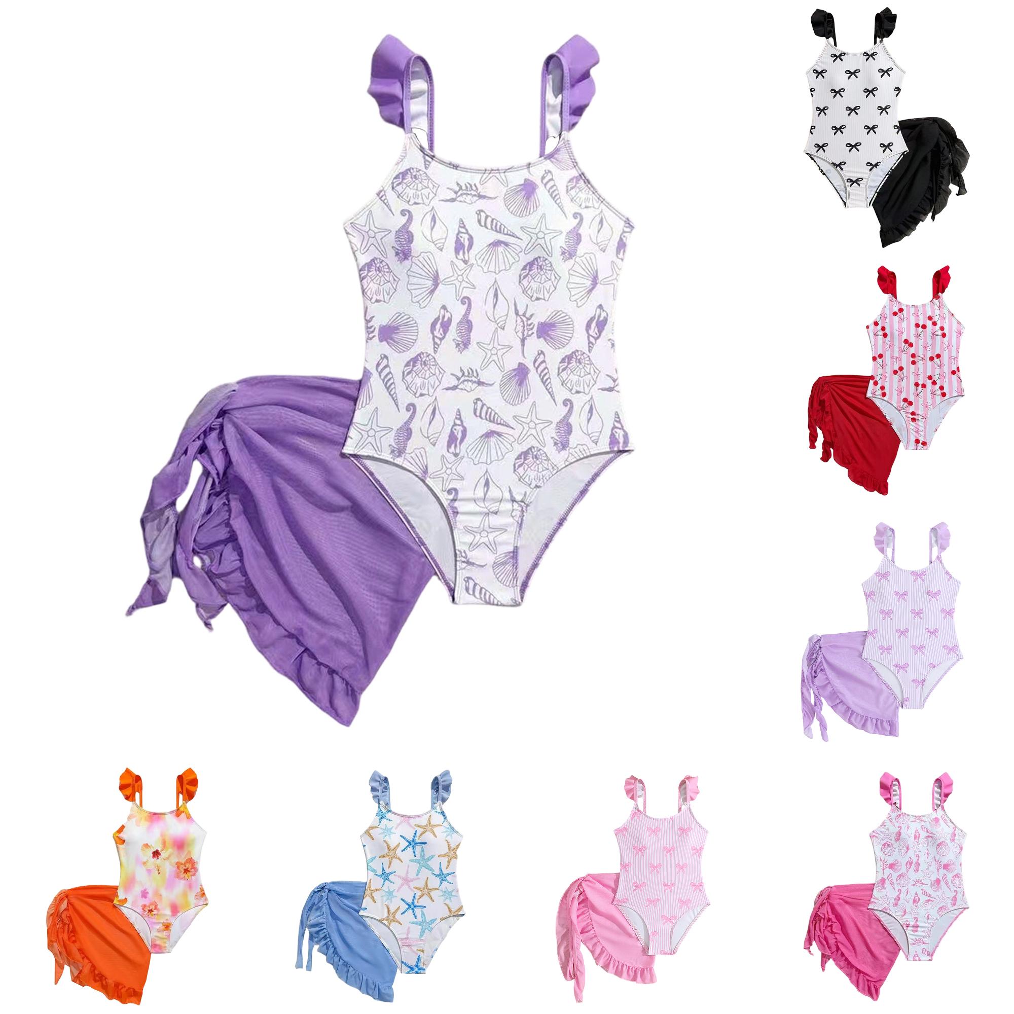 XINXIAOO Girls Cute Printed 1 Piece Swim Suit with Matching Wrap Cover Up Skirt Soft Stretch Comfort Summer Pool Beach Bathing Outfit 12-13 Years
