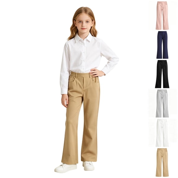 XINXIAOO Girls Flare Dress Pants Comfort Twill Pants with Pockets Preppy Back to School Clothes Boys Girls Size 9-10 Years Pants