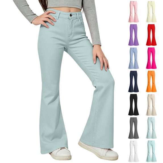 XINXIAOO Girls Flare School Uniform Pants Elastic Waist School Trousers Stretchy Back to School Outfits Boys Girls Size 13-14 Years
