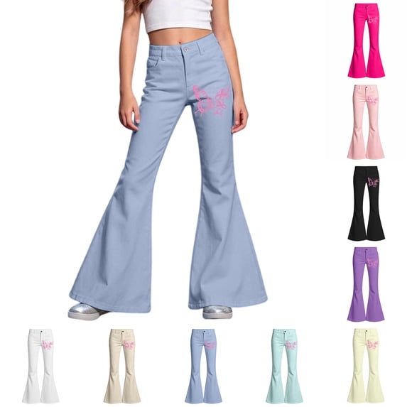 XINXIAOO Girls Flare School Uniform Pants Wide Flare Leg with Pockets Preppy Girls Back to School Clothes Girls Boys Pants Size 5-6 Years
