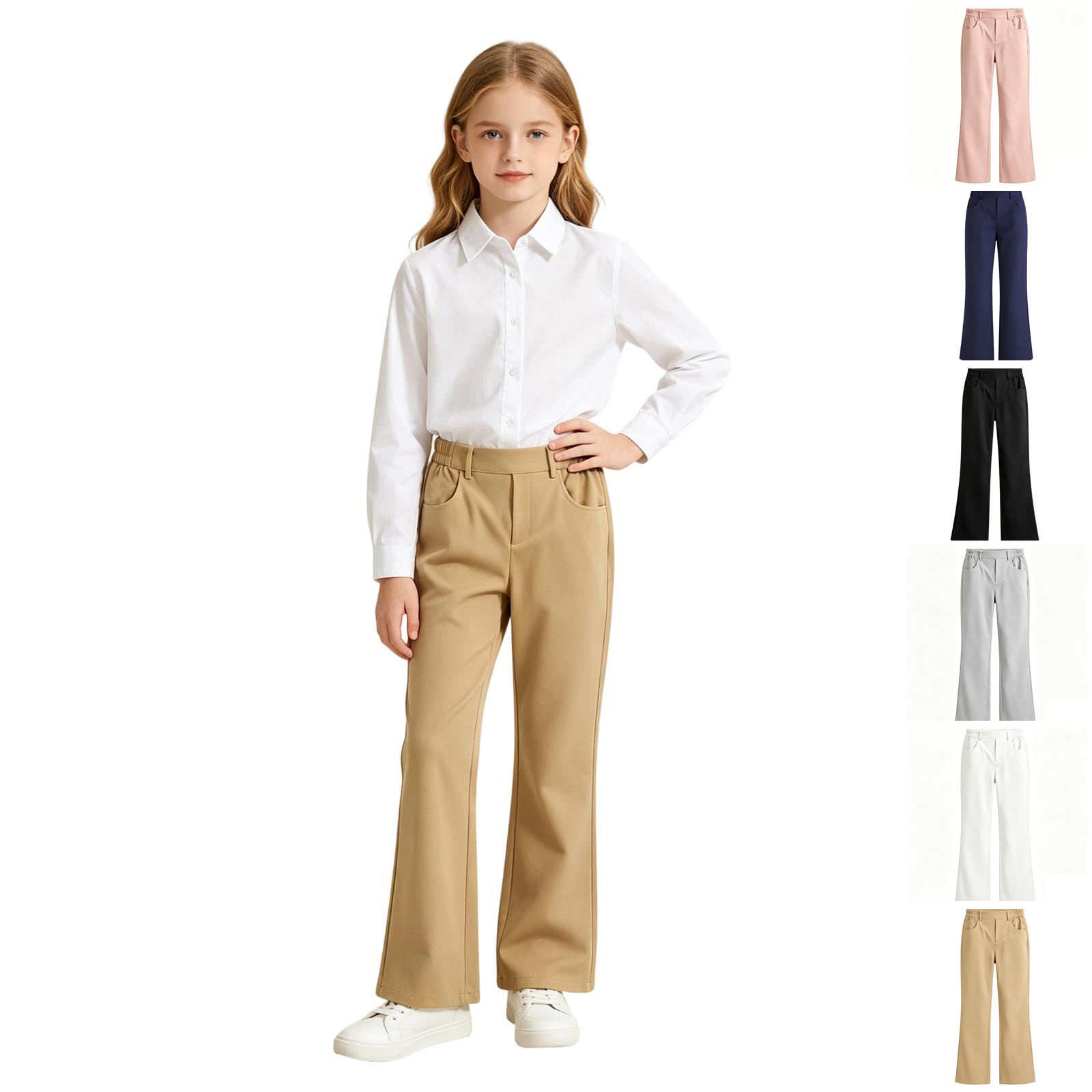 XINXIAOO Girls Flare Uniform Pants Elastic Waist School Trousers Preppy Back to School Outfits Girls Boys Dress Pants Size 15-16 Years