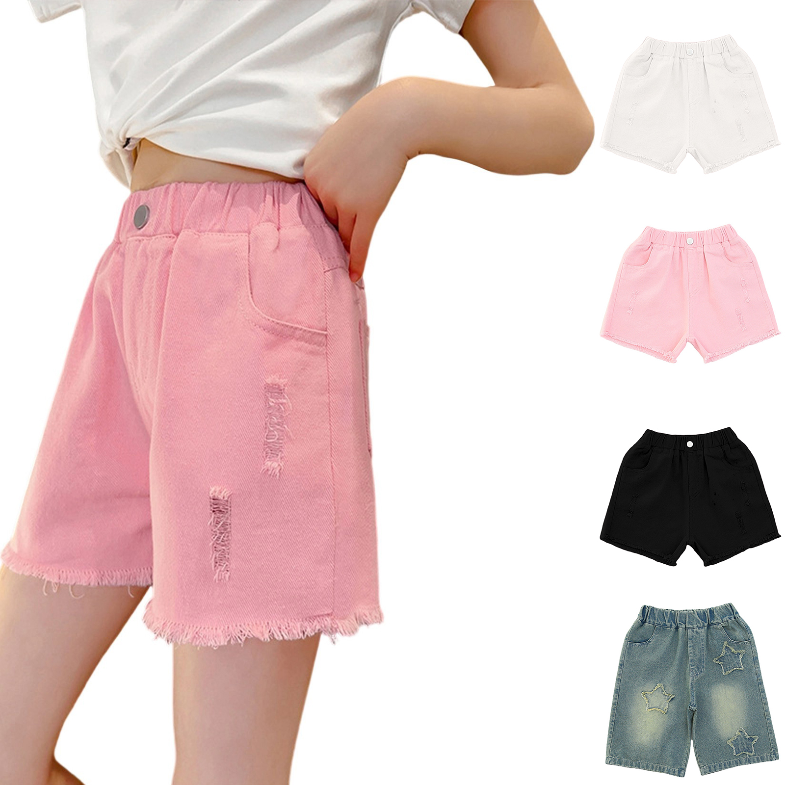 XINXIAOO Girls Jean Shorts Elastic Waist Straight Leg Denim Shorts with Pockets Cute Summer Shorts Denim Shorts for Girls Clothes Size 12-13 Years