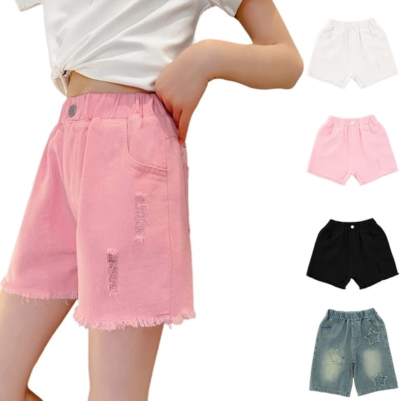XINXIAOO Girls Jean Shorts Elastic Waist Straight Leg Denim Shorts with Pockets Cute Summer Shorts Denim Shorts for Girls Clothes Size 14-16 Years