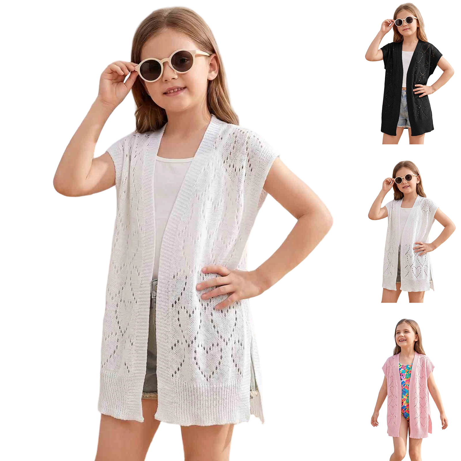 XINXIAOO Girls Lightweight Knit Cardigan Heart Cutout Beach Cover Up Crochet Shrug Sun Protection Outerwear Vacation Wear for Girls 11-12 Years
