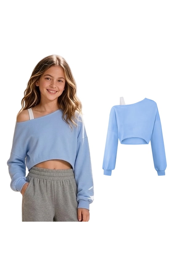 Girls Off the Shoulder Sweatshirt Asymmetrical Long Sleeve Cute Crop Top Sweatshirt Pullover Spring Fall Girls Clothes 7-8 Years
