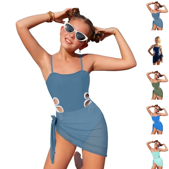 XINXIAOO Girls One Piece SwimsuitAdjustable Straps Floral Cut Out Swimsuit with Cover up Girls Bathing Suit, Size 8Y-16Y