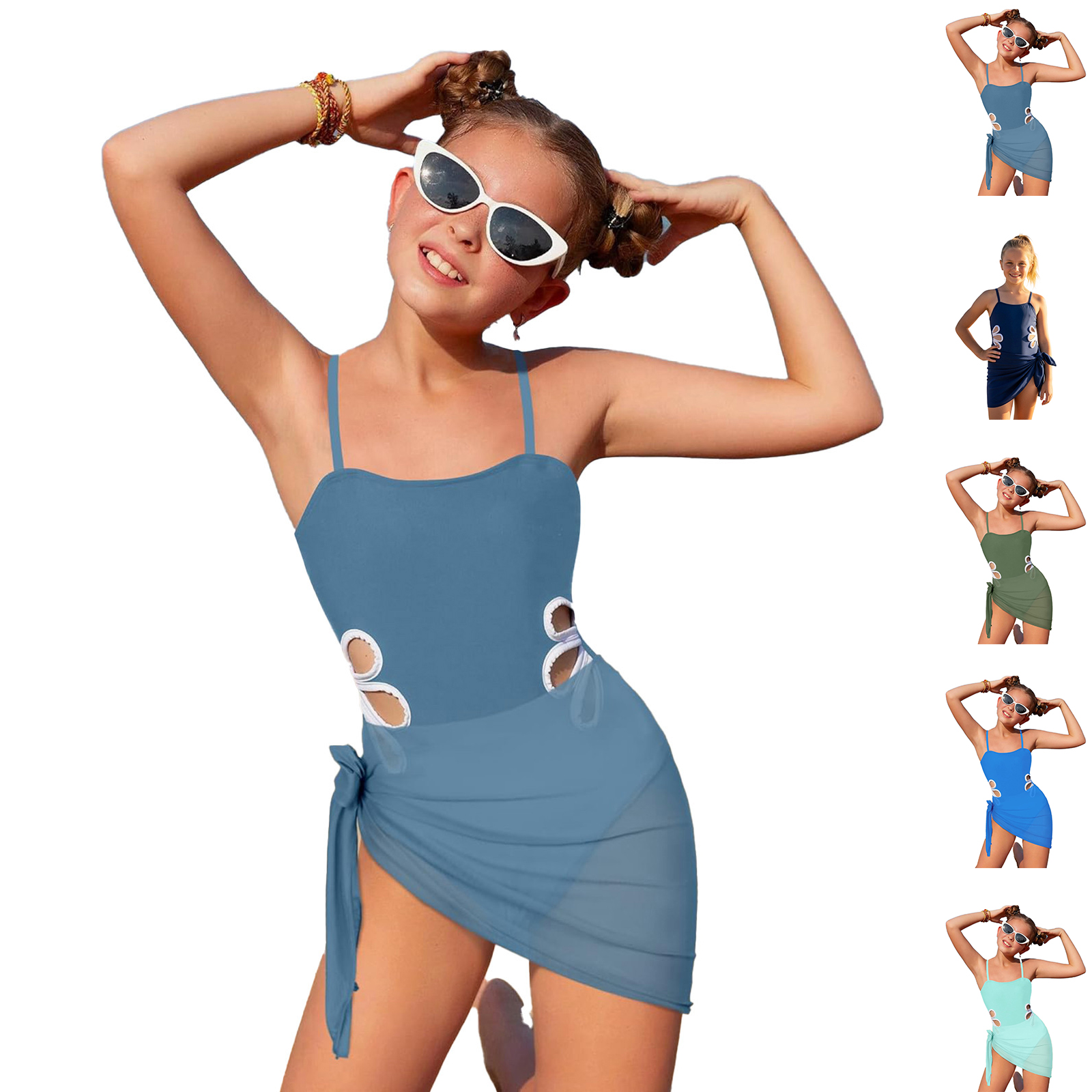 XINXIAOO Girls One Piece SwimsuitAdjustable Straps Floral Cut Out Swimsuit with Cover up Girls Bathing Suit, Size 8Y-16Y