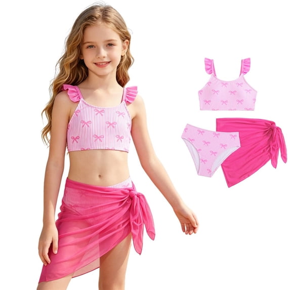 XINXIAOO Girls Ruffled Spaghetti Strap Three Piece Swimsuit Bow Stripe Print Mesh Wrap Skirt Quick Dry Bathing Suit Summer Beach Pool Swimwear for Kids Girls 9-10 Years