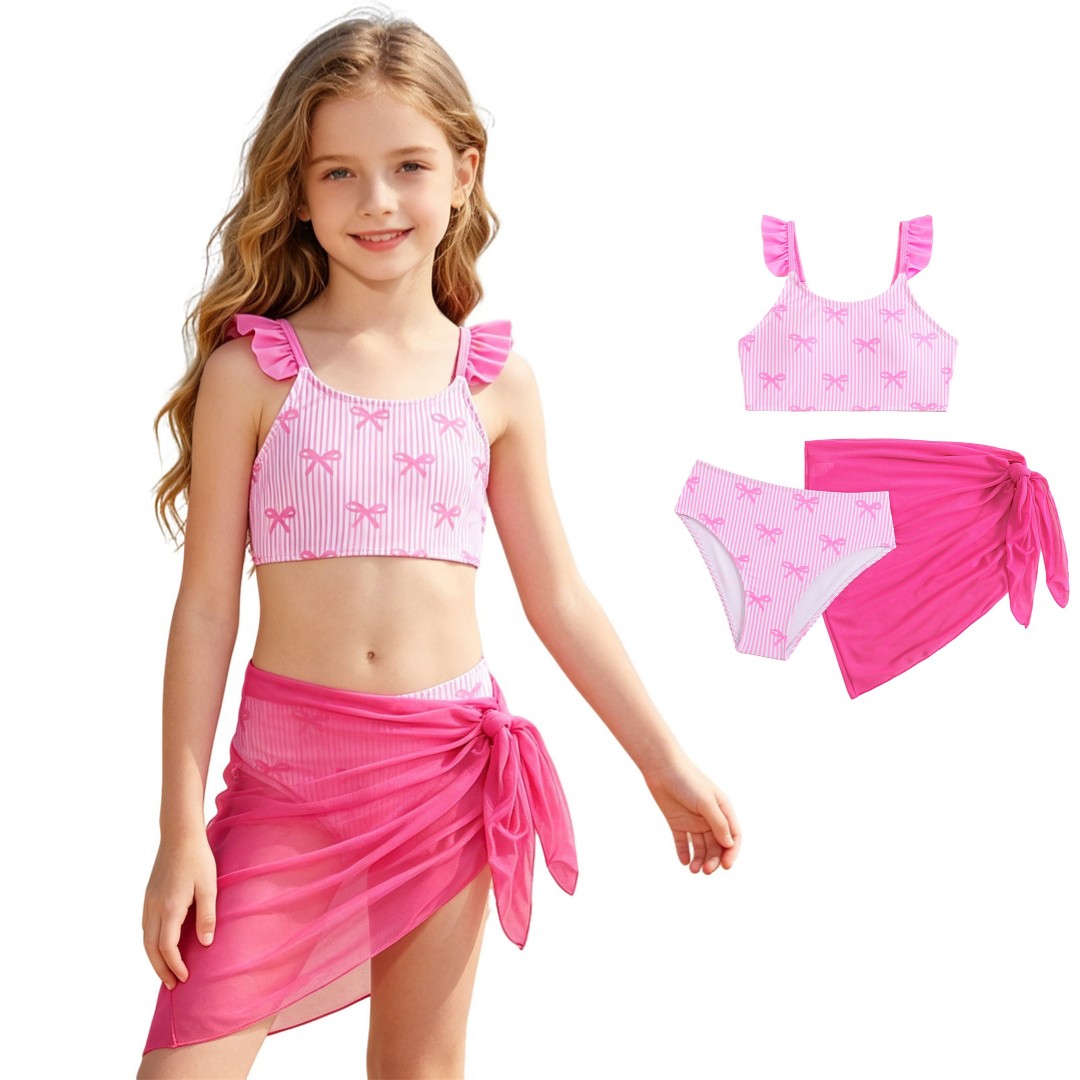 XINXIAOO Girls Ruffled Spaghetti Strap Three Piece Swimsuit Bow Stripe Print Mesh Wrap Skirt Quick Dry Bathing Suit Summer Beach Pool Swimwear for Kids Girls 9-10 Years