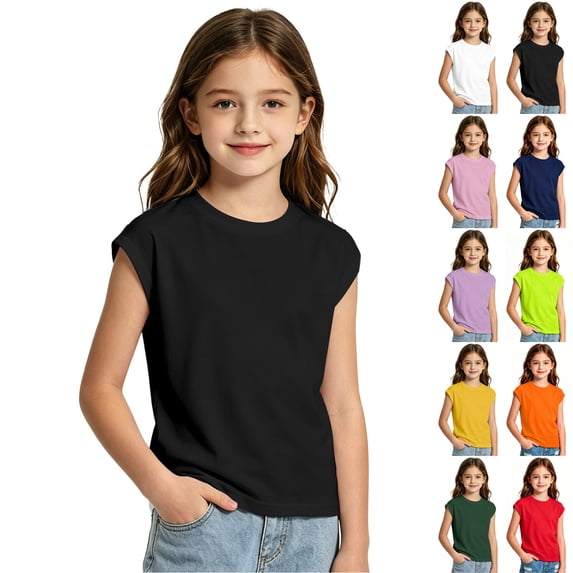 XINXIAOO Girls Short Sleeve T Shirts Summer Cap Sleeve Crew Neck Basic Casual Tee For School Sports Girls Cute Clothes, Size 5-14Y