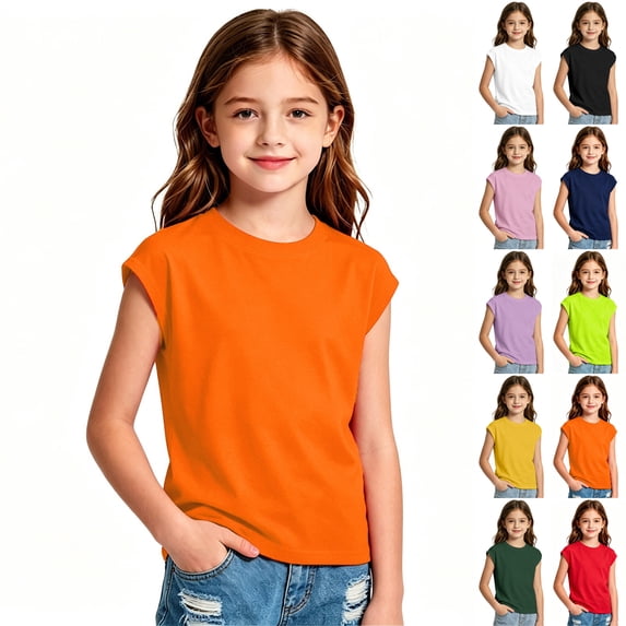 XINXIAOO Girls Short Sleeve T Shirts Summer Cap Sleeve Crew Neck Basic Casual Tee For School Sports Girls Cute Clothes, Size 5-14Y