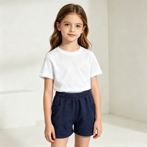 XINXIAOO Girls Shorts Navy Summer Casual Quick Dry Athletic Shorts Elastic High Waisted School Uniform Sports Shorts with Pockets 10-11 Years