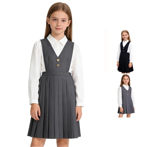 XINXIAOO Girls Sleeveless V Back Button Pleated School Uniform Jumper Skirt Solid A Line Midi Student Dress Versatile Classroom Daily Stage Performance Bottom for Kids Girls