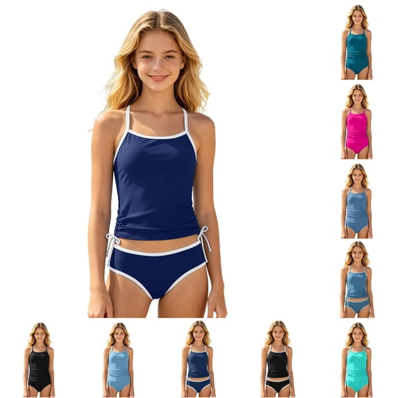 XINXIAOO Girls Spaghetti Strap Tankini Two Piece Swimsuit Side Drawstring Contrast White Quick Dry Bathing Suit Summer Swimwear for Kids Girls 9-10 Years